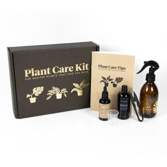 Plant care kit box next to all the products glass bottle, neem oil, plant food, measuring cup, bonsai scissors and plant care tips book